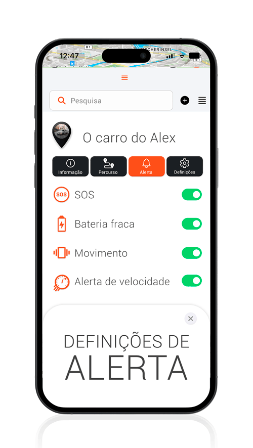 Aplicação Localizador GPS para automóvel - Definições de alertas