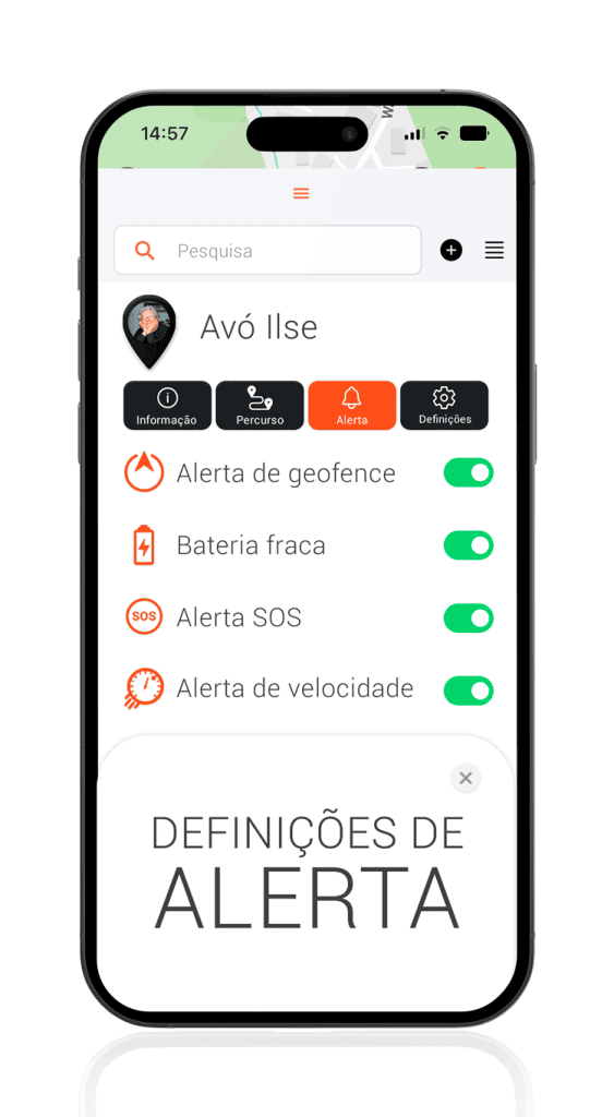 Aplicação Localizador GPS para idosos - Definições de alertas