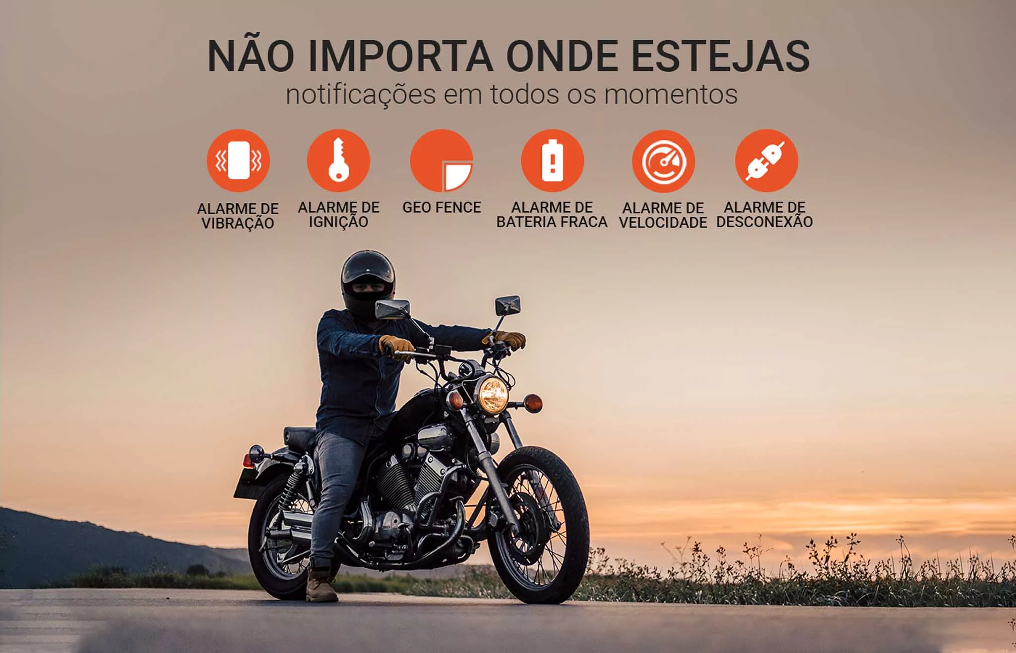 Moto com os diferentes alarmes disponíveis nos localizadores de motos.