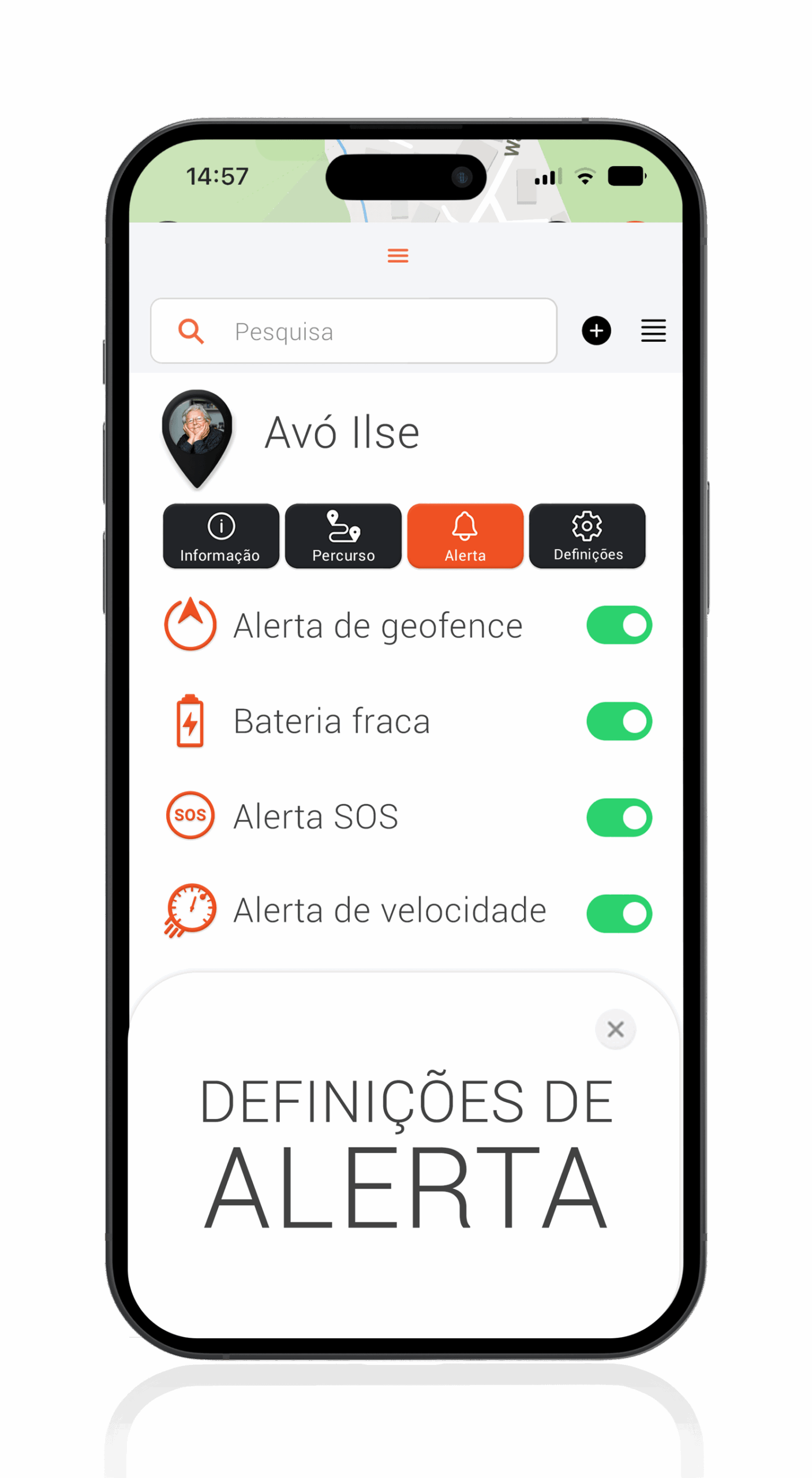 Localizador para idosos com definições de alarme