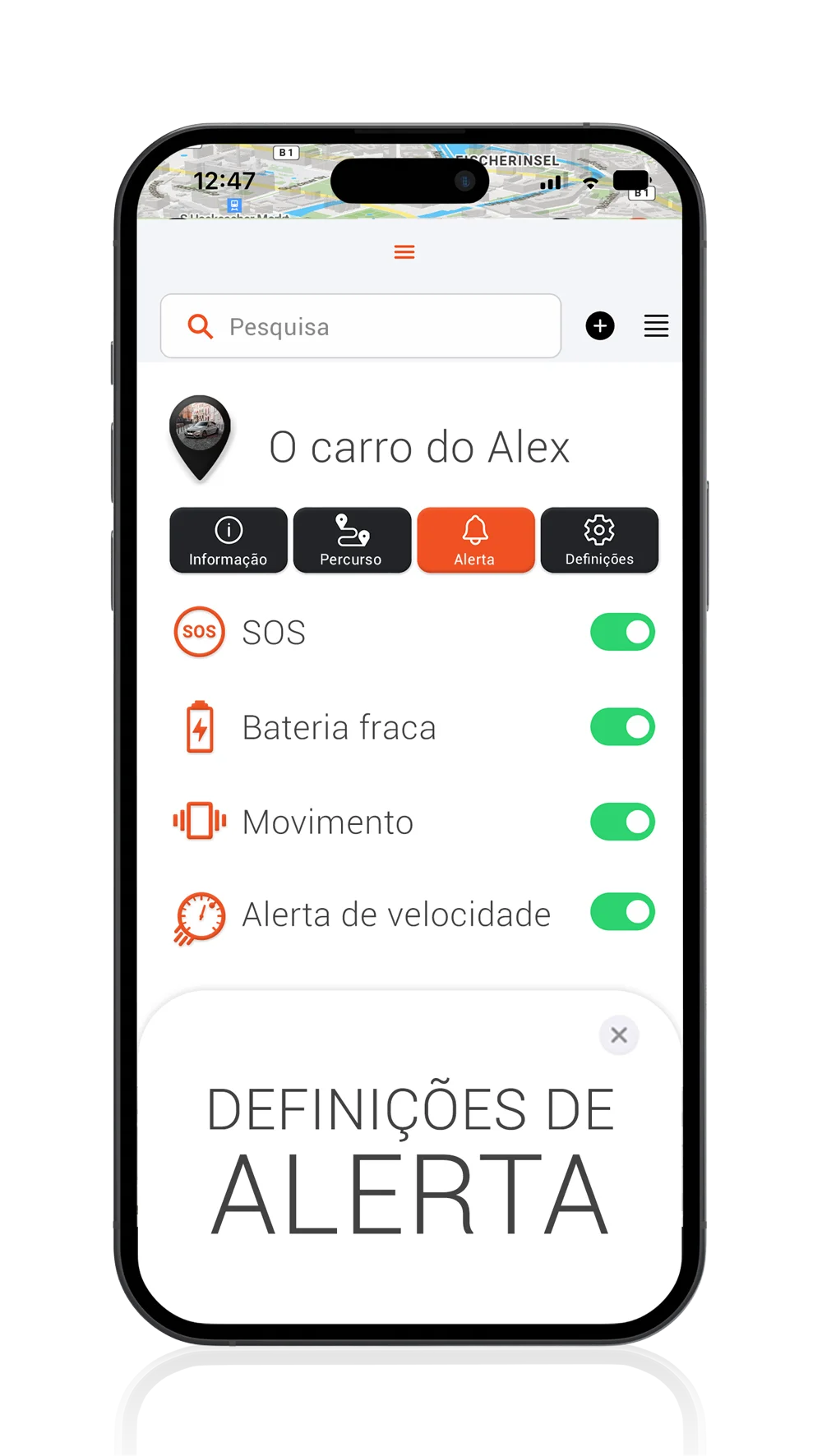 Localizador para carros com definições de alarme