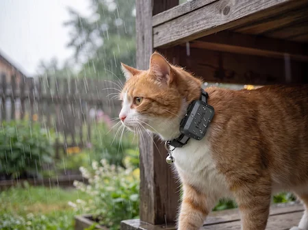 Gato malhado branco e laranja a caminhar